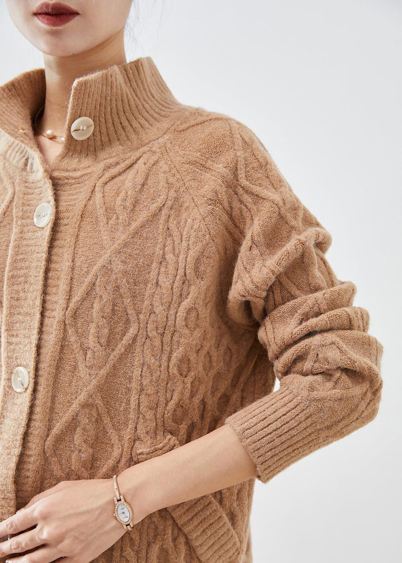 Konst Khaki Hög Neck Button Down Varm Cable Stickad Cardigan Fall - Koftor för kvinnor