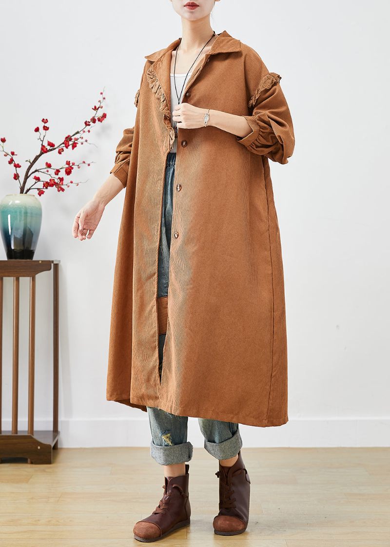 Konst Khaki Ruffled Patchwork Asymmetrisk Corduroy Trench Coat Fall - Trenchcoats för kvinnor