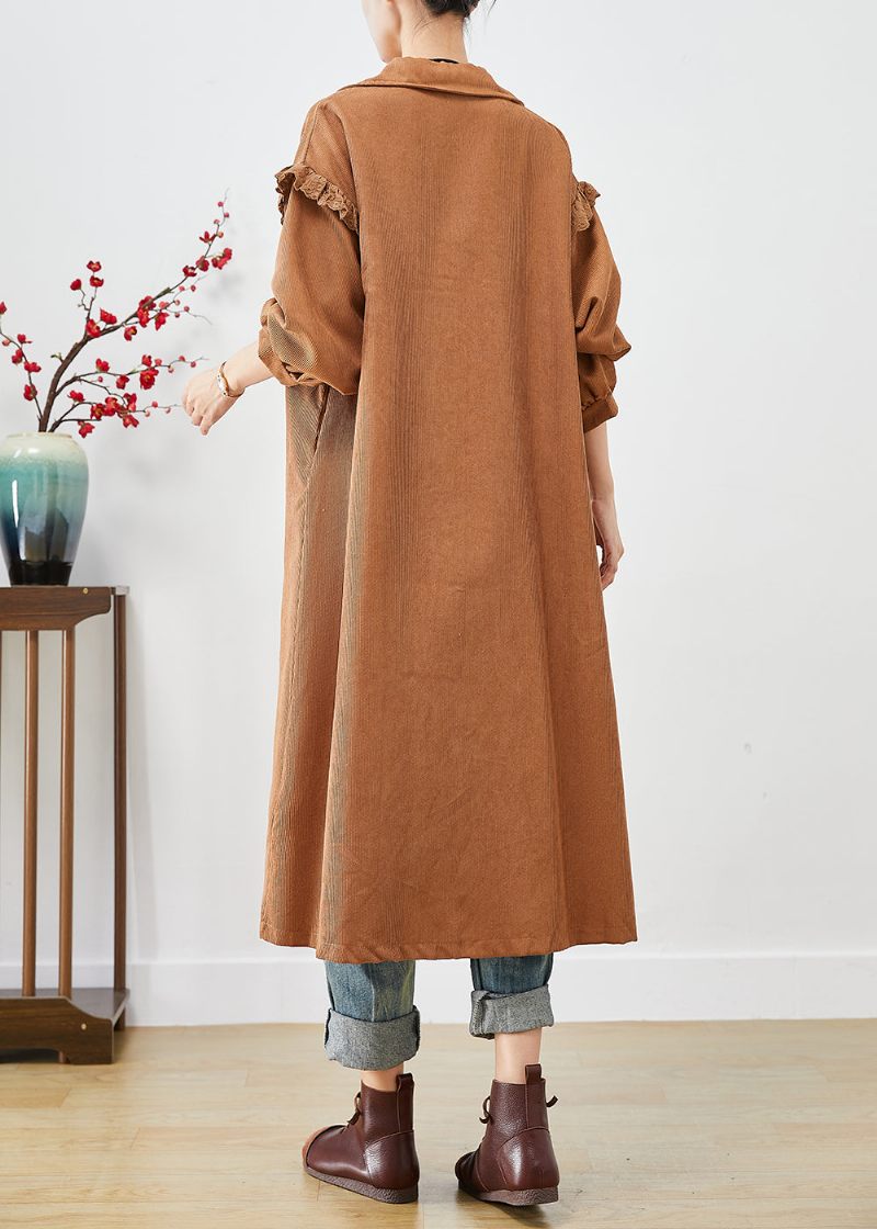 Konst Khaki Ruffled Patchwork Asymmetrisk Corduroy Trench Coat Fall - Trenchcoats för kvinnor