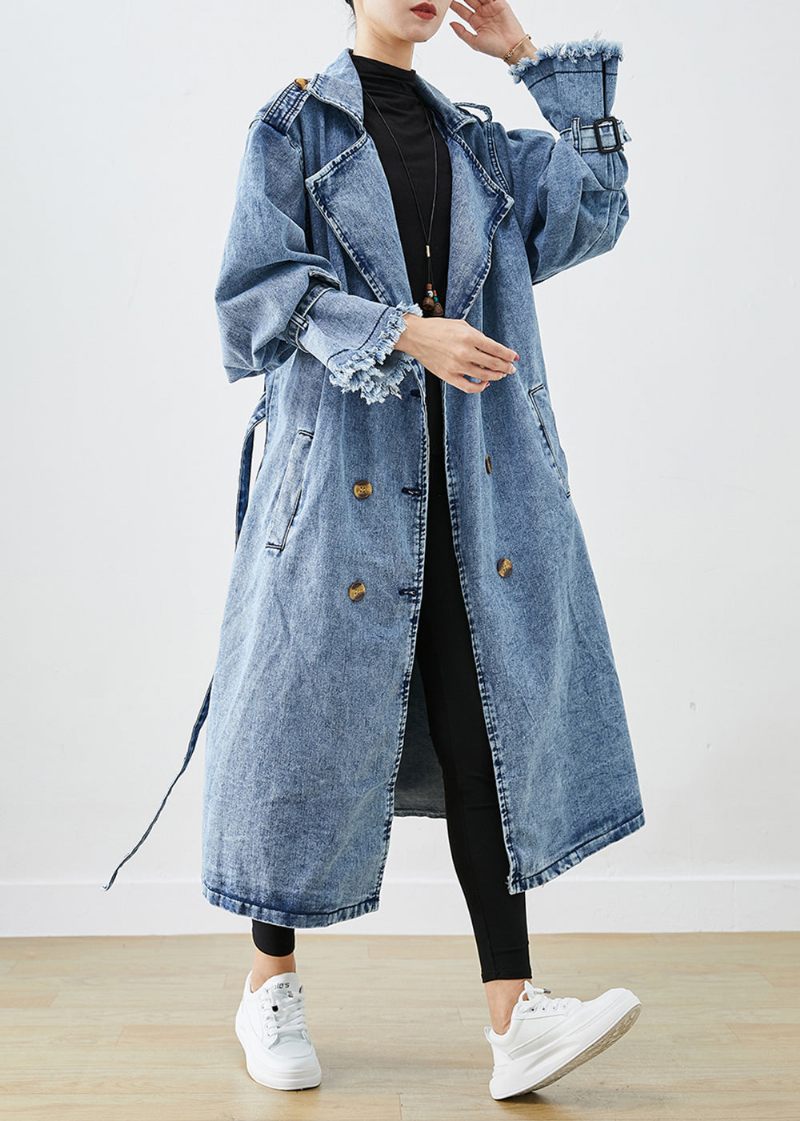 Konst Ljusblå Lapel Dubbla Bröst Denim Trench Coats Hösten