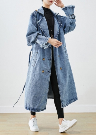 Konst Ljusblå Lapel Dubbla Bröst Denim Trench Coats Hösten