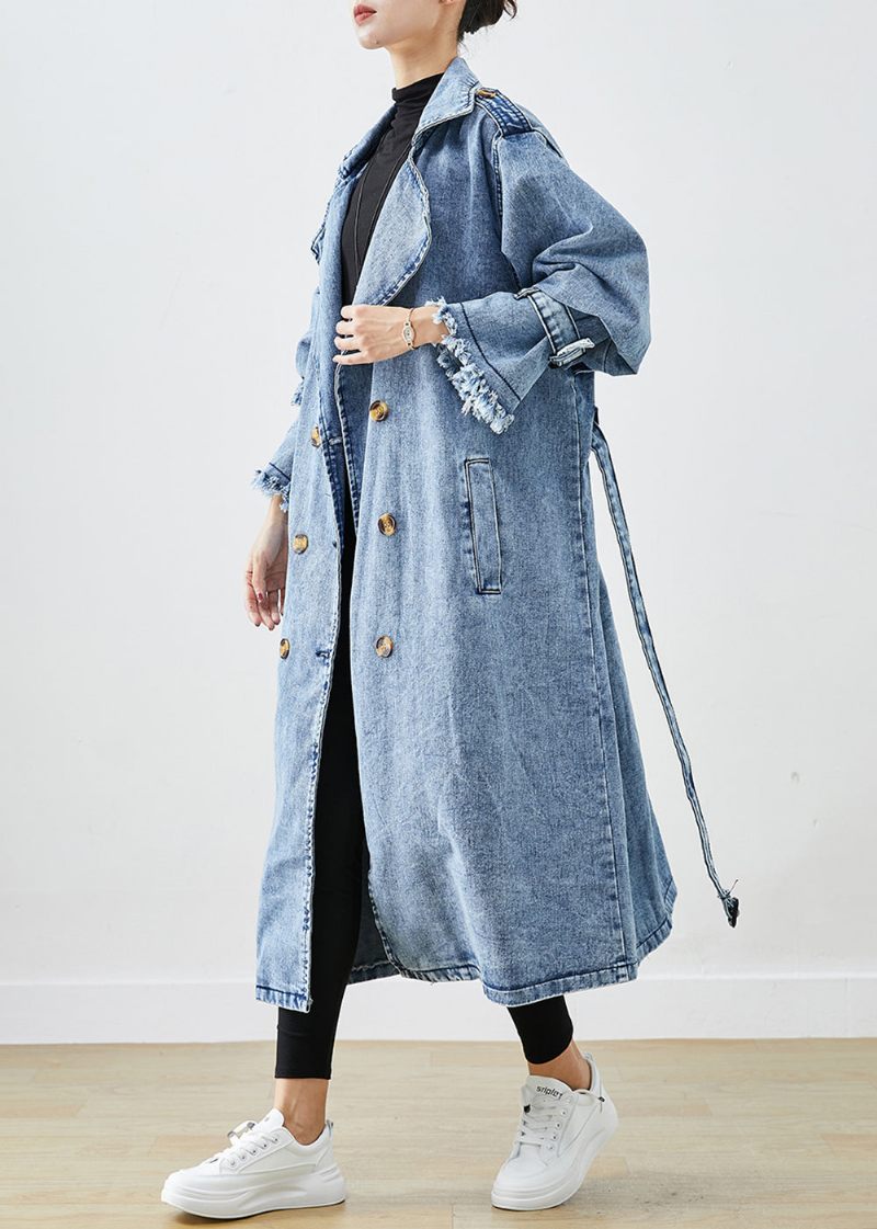 Konst Ljusblå Lapel Dubbla Bröst Denim Trench Coats Hösten - Trenchcoats för kvinnor