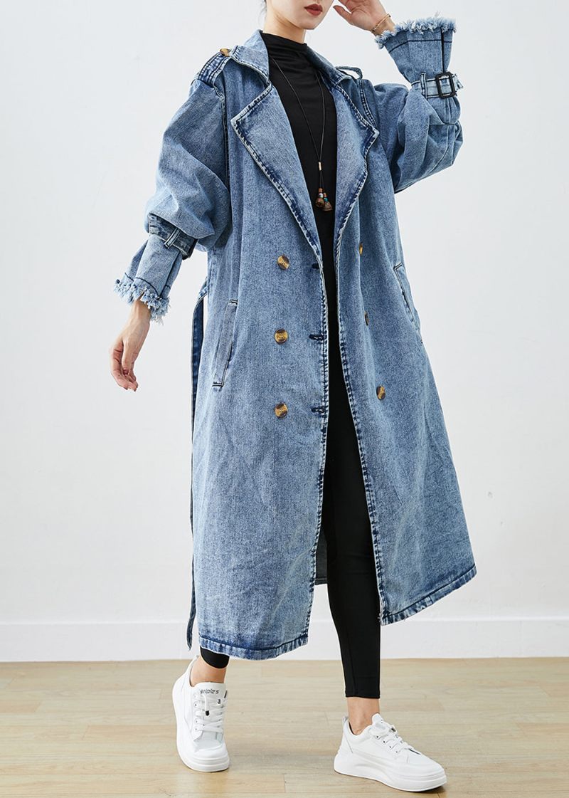 Konst Ljusblå Lapel Dubbla Bröst Denim Trench Coats Hösten - Trenchcoats för kvinnor