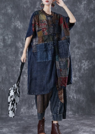 Konst Marinblå Oversized Patchwork Kinesisk Knapp Denim Cardigans Sommar