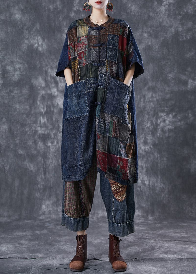 Konst Marinblå Oversized Patchwork Kinesisk Knapp Denim Cardigans Sommar - Koftor för kvinnor