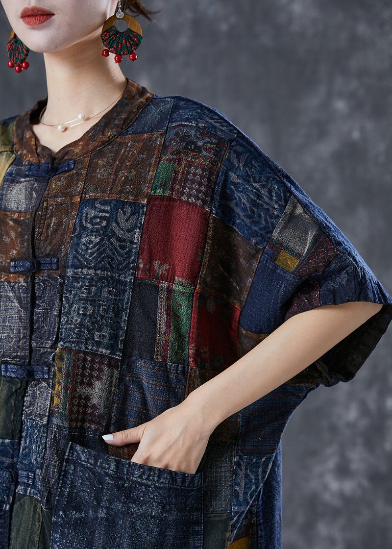 Konst Marinblå Oversized Patchwork Kinesisk Knapp Denim Cardigans Sommar - Koftor för kvinnor