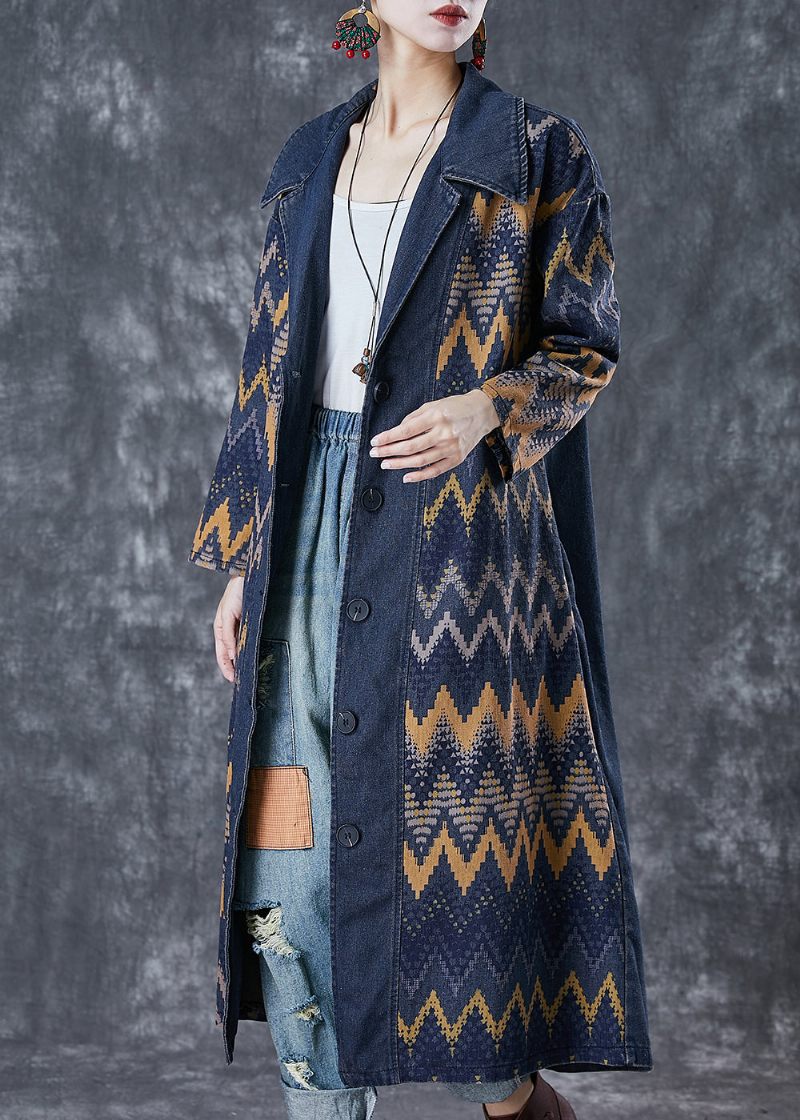 Konst Marinblå Oversized Print Denim Coat Ytterkläder Höst - Trenchcoats för kvinnor