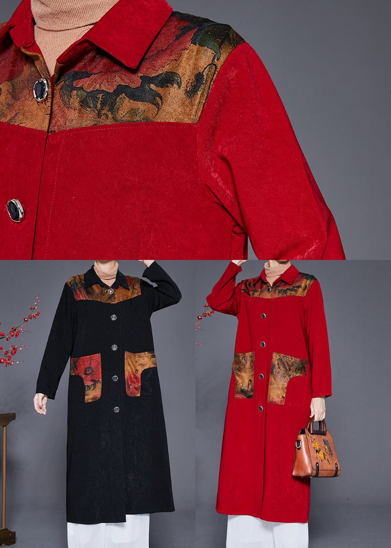 Konst Röd Peter Pan Krage Patchwork Fickor Trench Fall - Trenchcoats för kvinnor