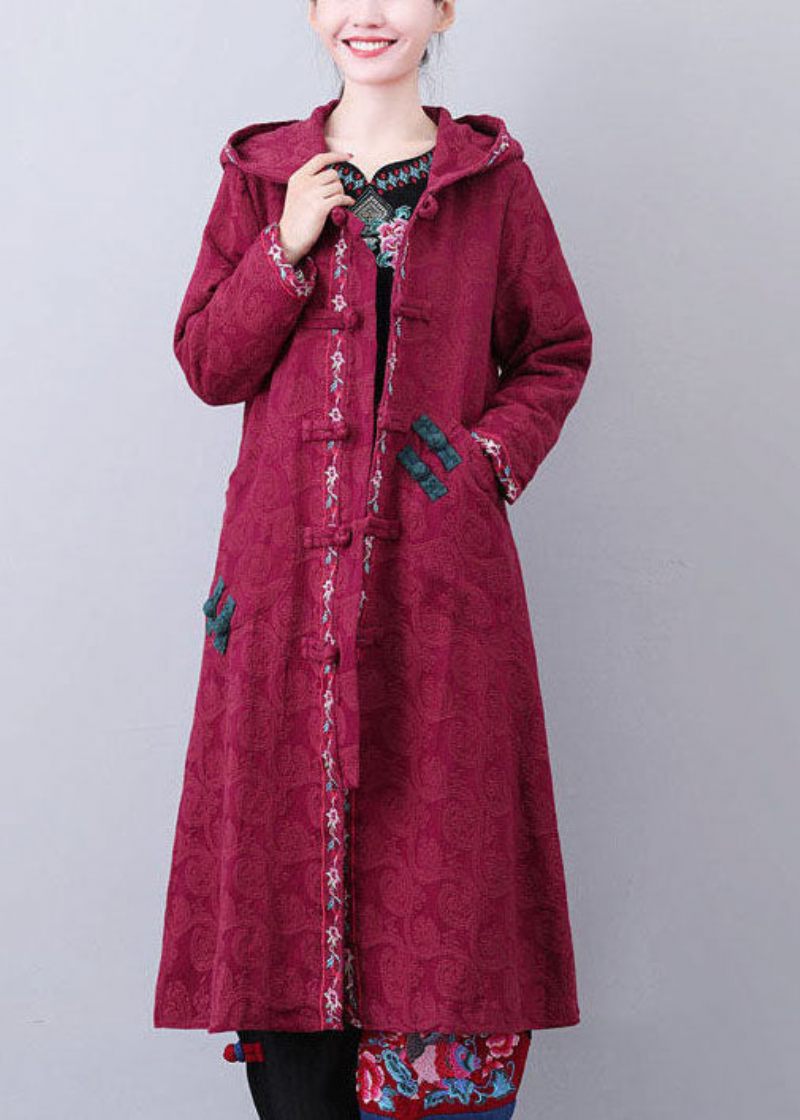 Konst Tegel Röd Hooded Broderad Jacquard Long Coat Fall - Trenchcoats för kvinnor