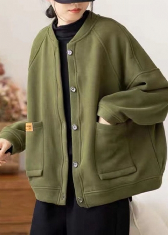 Kvinnor Army Green O-neck Fickor Patchwork Fleece Coat Vinter