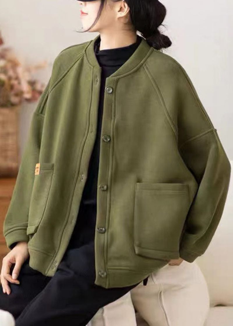 Kvinnor Army Green O-neck Fickor Patchwork Fleece Coat Vinter - Armégrön