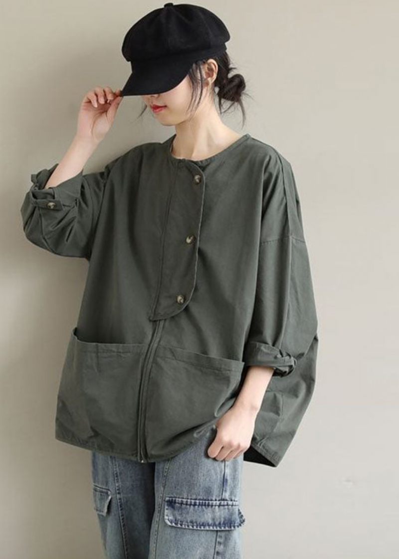 Kvinnor Army Green Zip Up Fickor Cotton Coat Spring