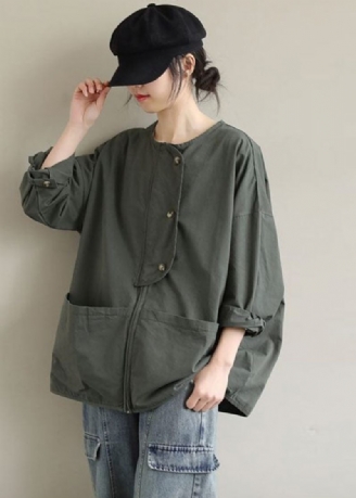 Kvinnor Army Green Zip Up Fickor Cotton Coat Spring