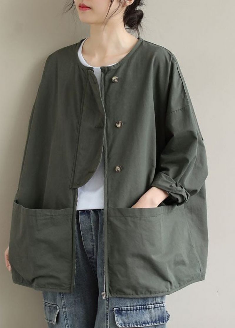 Kvinnor Army Green Zip Up Fickor Cotton Coat Spring - Armégrön