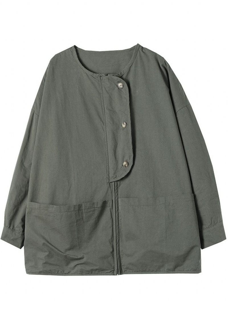 Kvinnor Army Green Zip Up Fickor Cotton Coat Spring - Armégrön