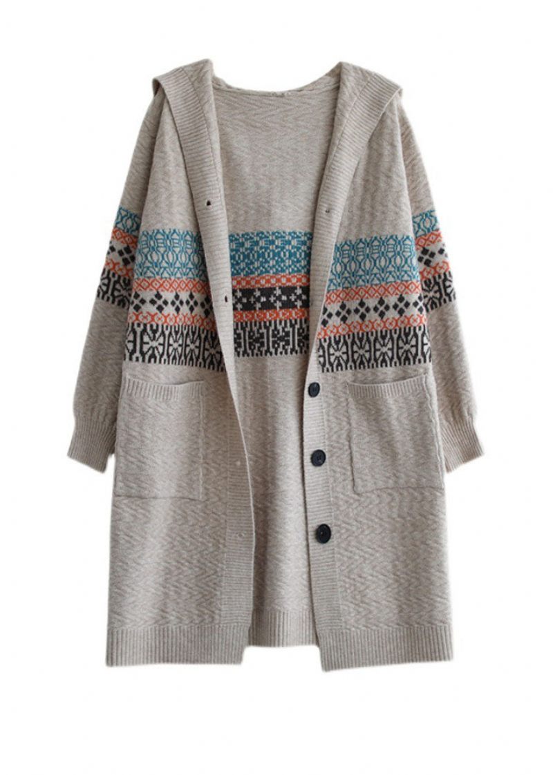 Kvinnor Beige Button Stickade Hood Coats Cardigans Spring - Röd