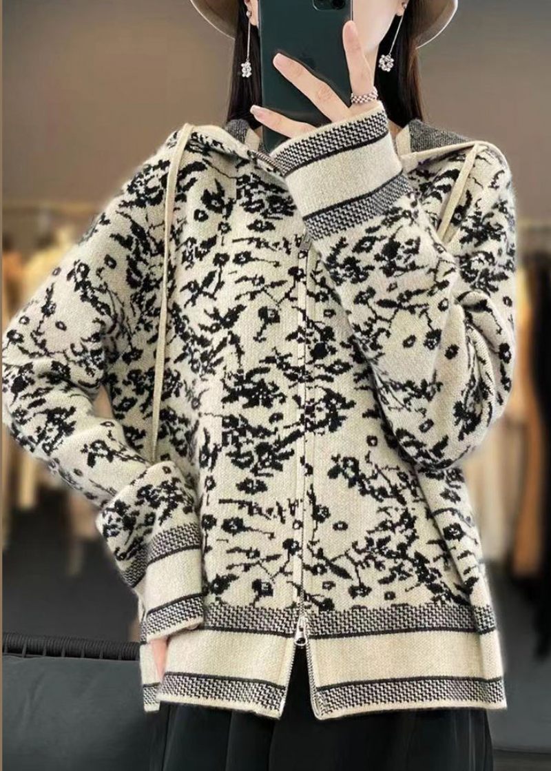 Kvinnor Beige Hooded Dragkedja Print Ull Knit Coat Långärmad - Koftor för kvinnor