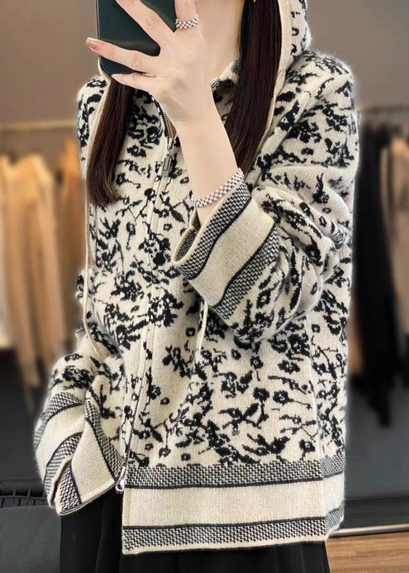 Kvinnor Beige Hooded Dragkedja Print Ull Knit Coat Långärmad - Koftor för kvinnor