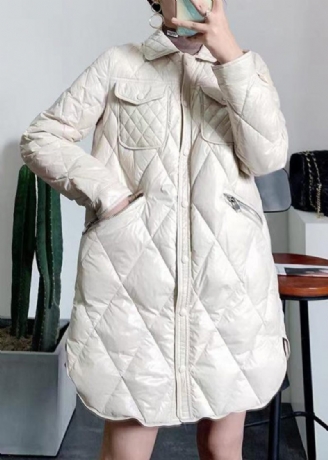 Kvinnor Beige Peter Pan Krage Fickor Patchwork Duck Down Coat Vinter