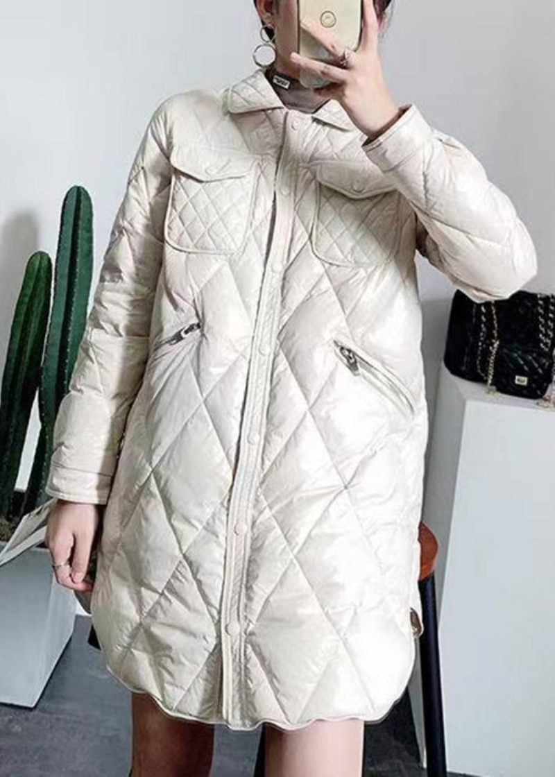 Kvinnor Beige Peter Pan Krage Fickor Patchwork Duck Down Coat Vinter - Vinterkappor för kvinnor