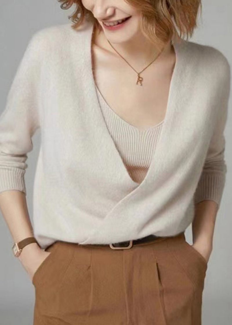 Kvinnor Beige V-ringad Knapp Patchwork Ullstickad Cardigan Fall