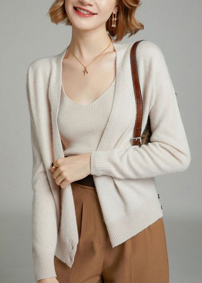 Kvinnor Beige V-ringad Knapp Patchwork Ullstickad Cardigan Fall - Koftor för kvinnor