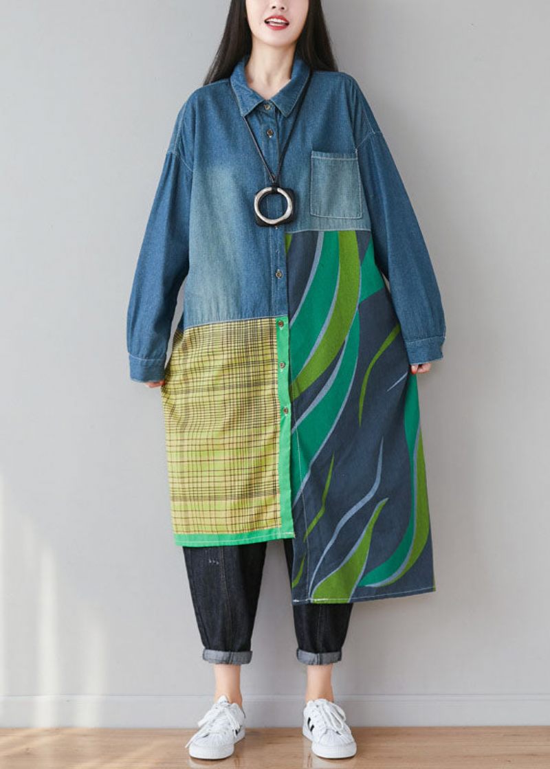 Kvinnor Blå Asymmetrisk Patchwork Print Bomull Denim Trench Coats Spring