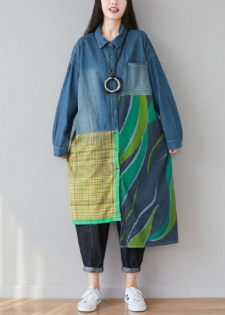 Kvinnor Blå Asymmetrisk Patchwork Print Bomull Denim Trench Coats Spring