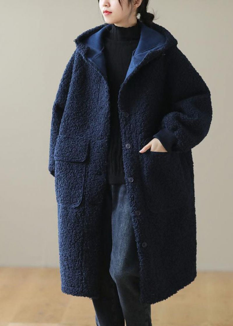 Kvinnor Blå Hooded Button Faux Fur Winter Coat