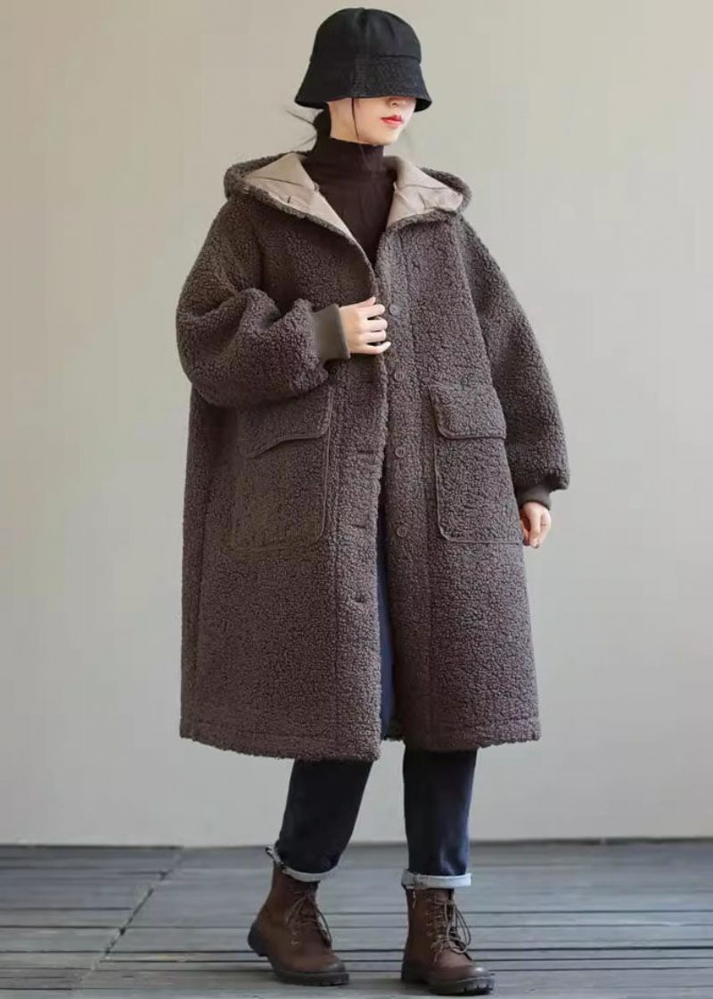 Kvinnor Blå Hooded Button Faux Fur Winter Coat - Dunjackor för kvinnor