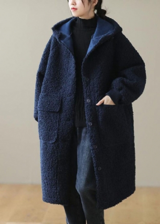 Kvinnor Blå Hooded Button Faux Fur Winter Coat