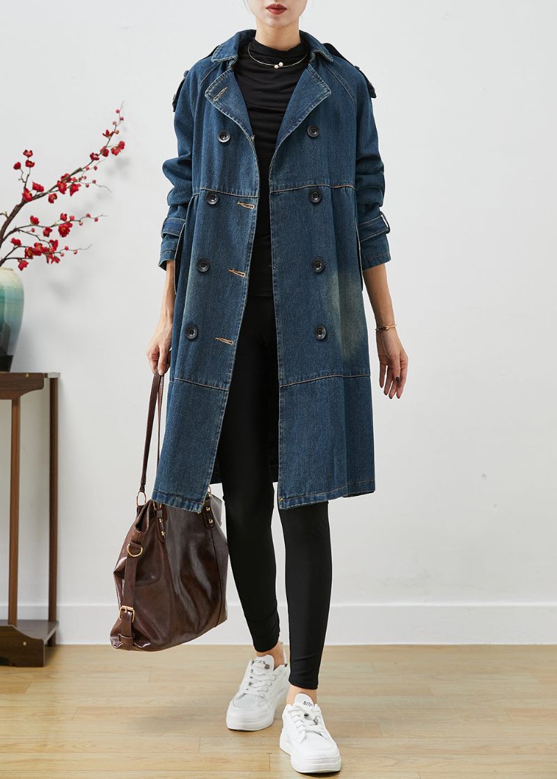 Kvinnor Blå Oversized Double Breast Denim Trench Coats Hösten