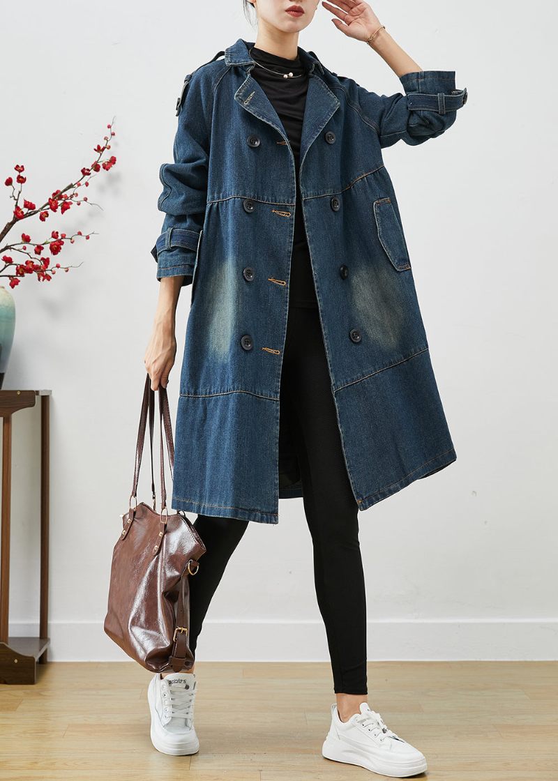 Kvinnor Blå Oversized Double Breast Denim Trench Coats Hösten - Trenchcoats för kvinnor