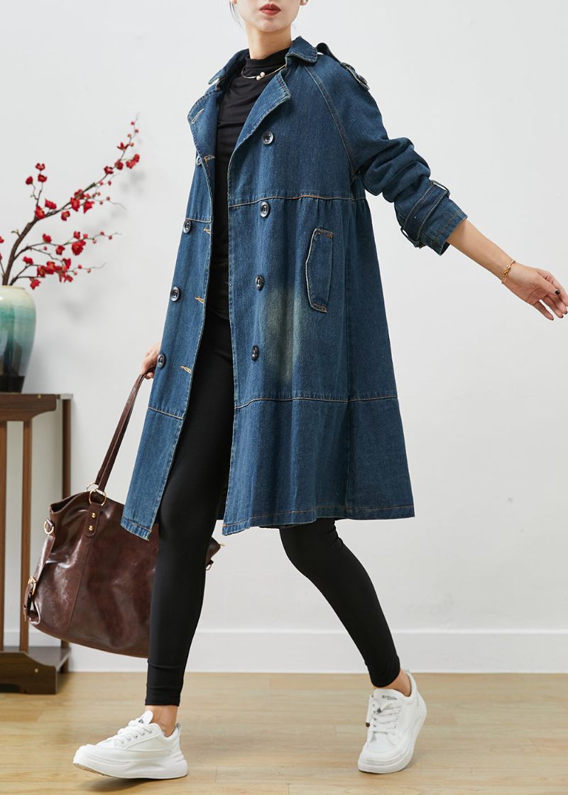 Kvinnor Blå Oversized Double Breast Denim Trench Coats Hösten - Trenchcoats för kvinnor