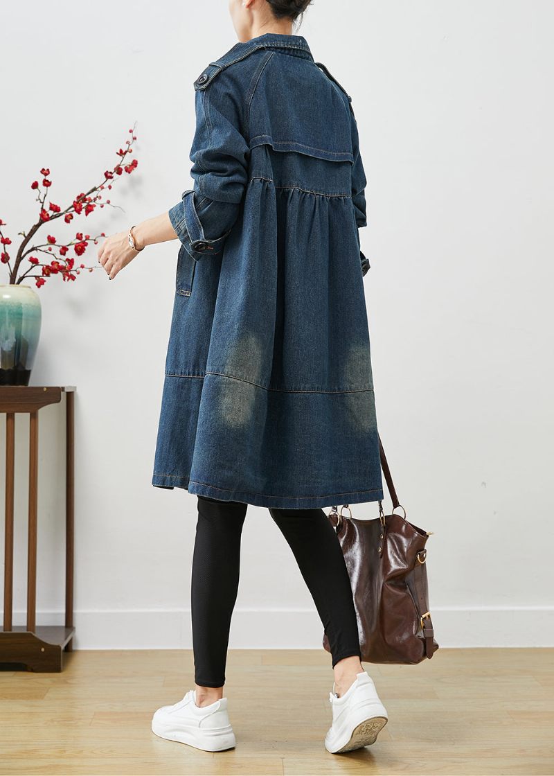 Kvinnor Blå Oversized Double Breast Denim Trench Coats Hösten - Trenchcoats för kvinnor