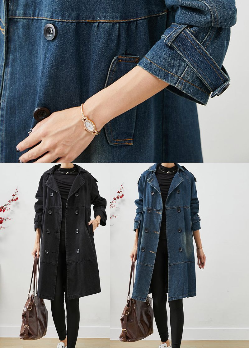 Kvinnor Blå Oversized Double Breast Denim Trench Coats Hösten - Trenchcoats för kvinnor