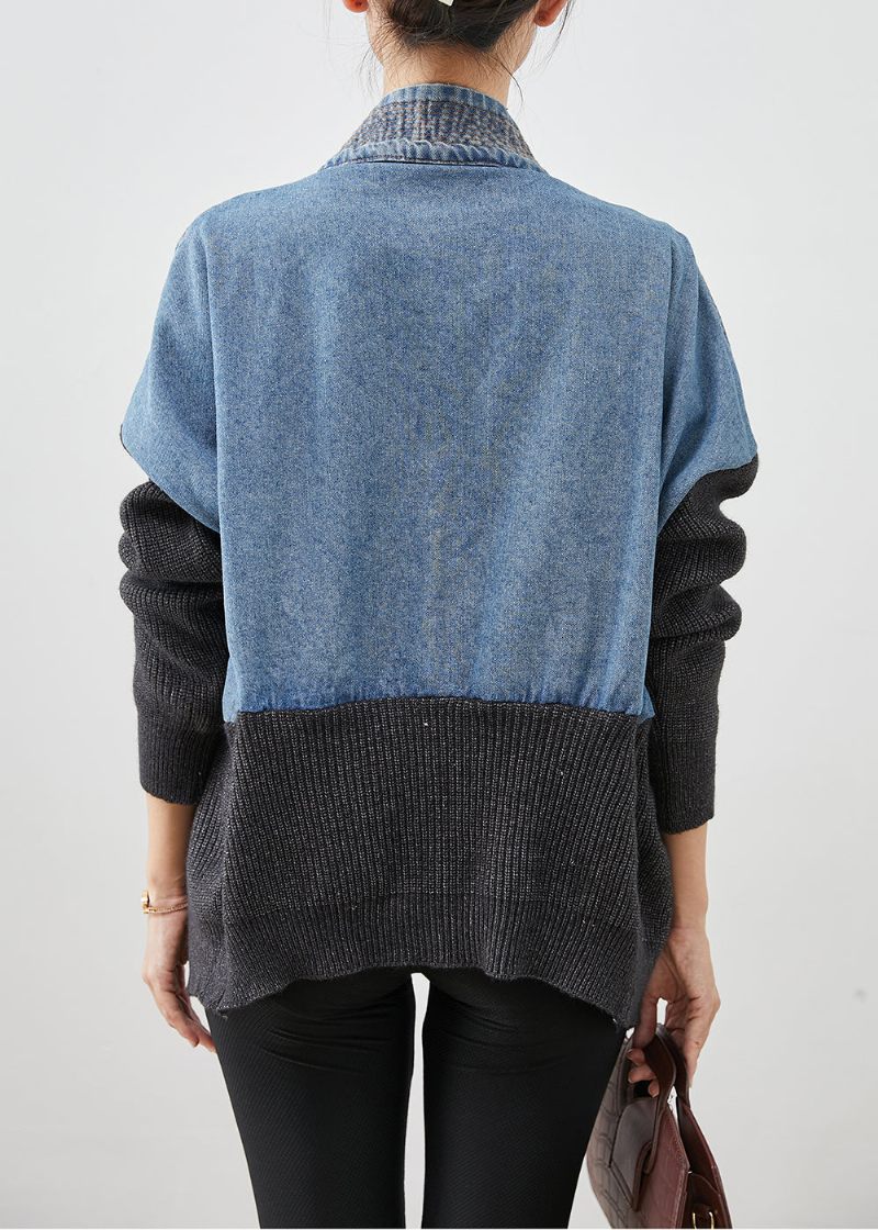 Kvinnor Blå Oversized Patchwork Knit Denim Lös Kappa Höst - Koftor för kvinnor