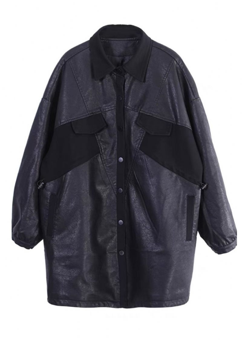 Kvinnor Black Oversized Patchwork Faux Leather Coat Ytterkläder Spring - Vinterkappor för kvinnor