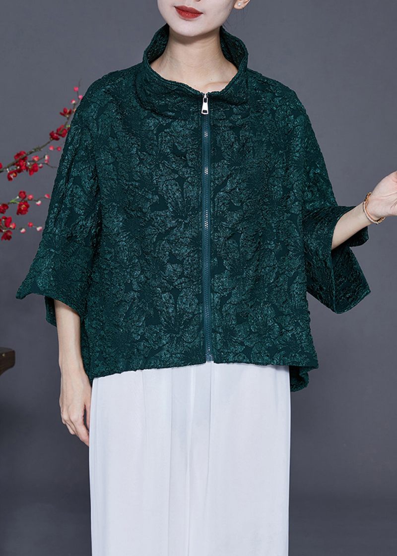 Kvinnor Blackish Green Oversized Jacquard Cotton Coat Armbandsärm