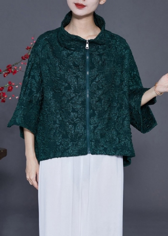 Kvinnor Blackish Green Oversized Jacquard Cotton Coat Armbandsärm