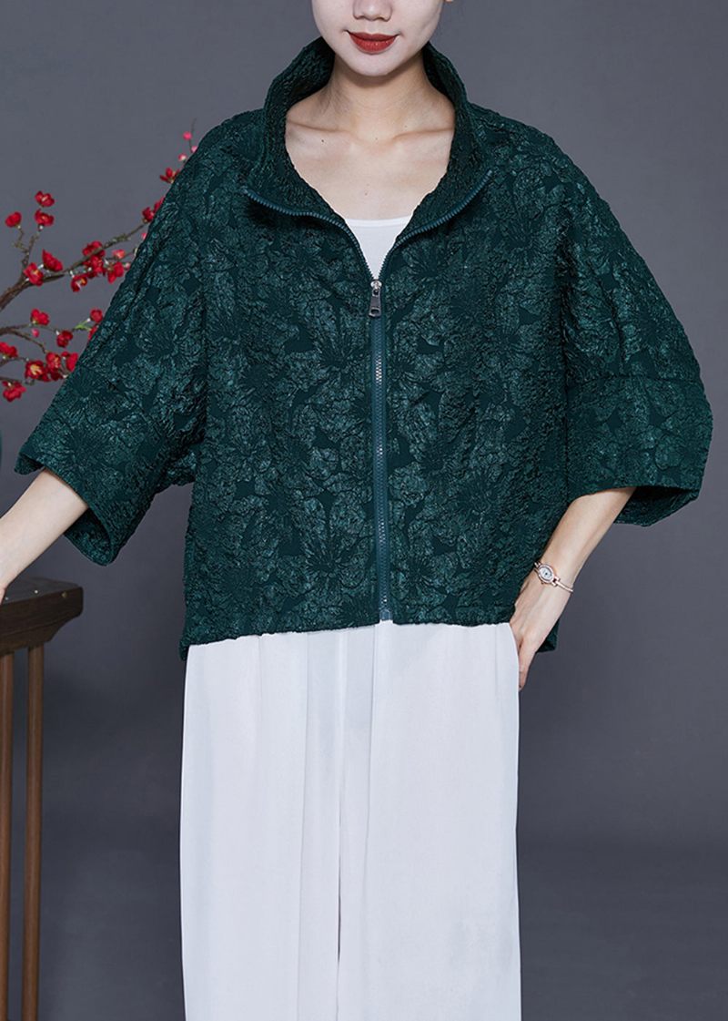 Kvinnor Blackish Green Oversized Jacquard Cotton Coat Armbandsärm - Vinterkappor för kvinnor