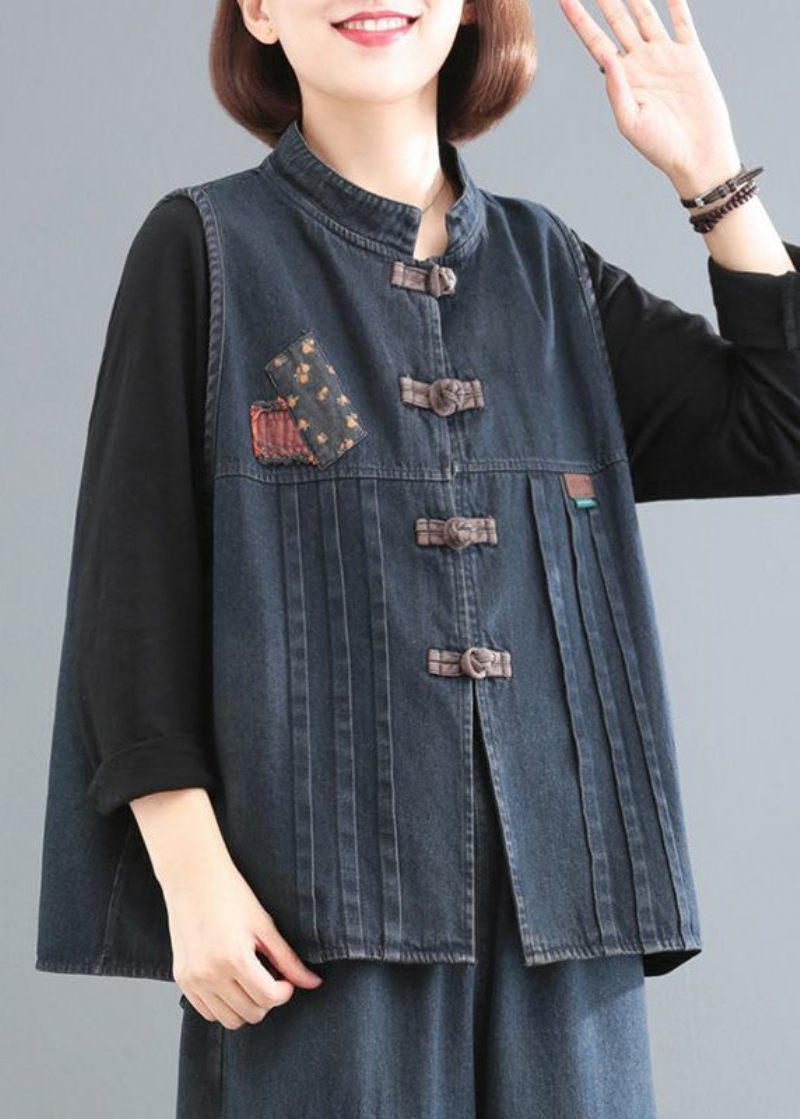 Kvinnor Blue Stand Collar Patchwork Denim Coat Ärmlös