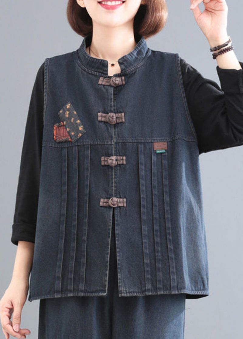 Kvinnor Blue Stand Collar Patchwork Denim Coat Ärmlös - Blå