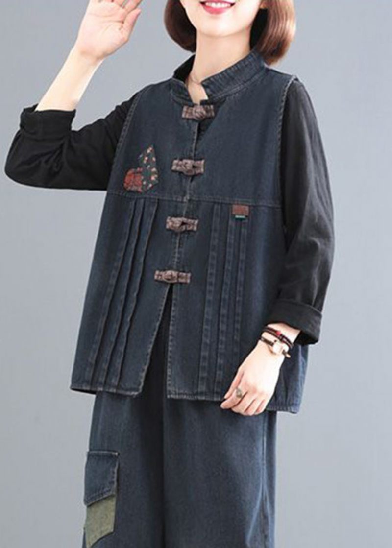 Kvinnor Blue Stand Collar Patchwork Denim Coat Ärmlös - Blå