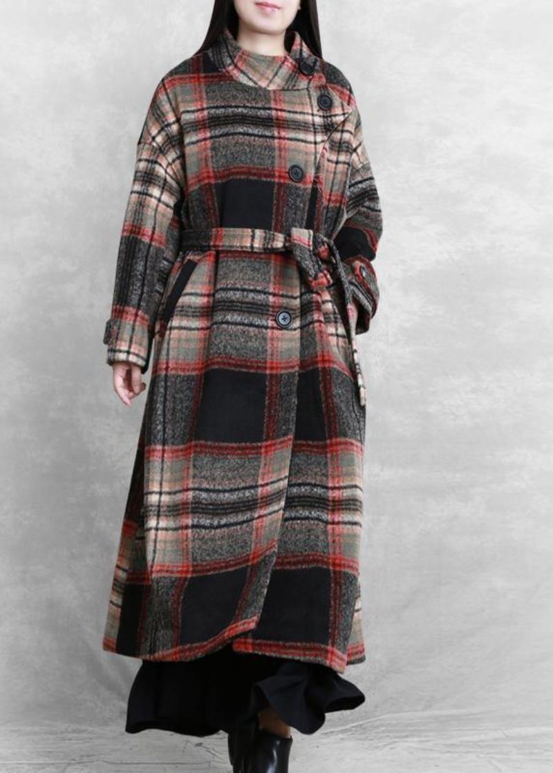 Kvinnor Casual Långa Jackor Rockar Svart Rutig Slips Midja Asymmetrisk Woolen Coat