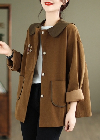 Kvinnor Choklad Peter Pan Krage Patchwork Bomull Coat Spring