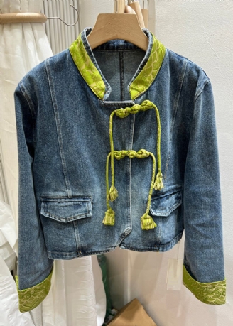 Kvinnor Grön Stativ Krage Kinesisk Knapp Denim Coat Spring