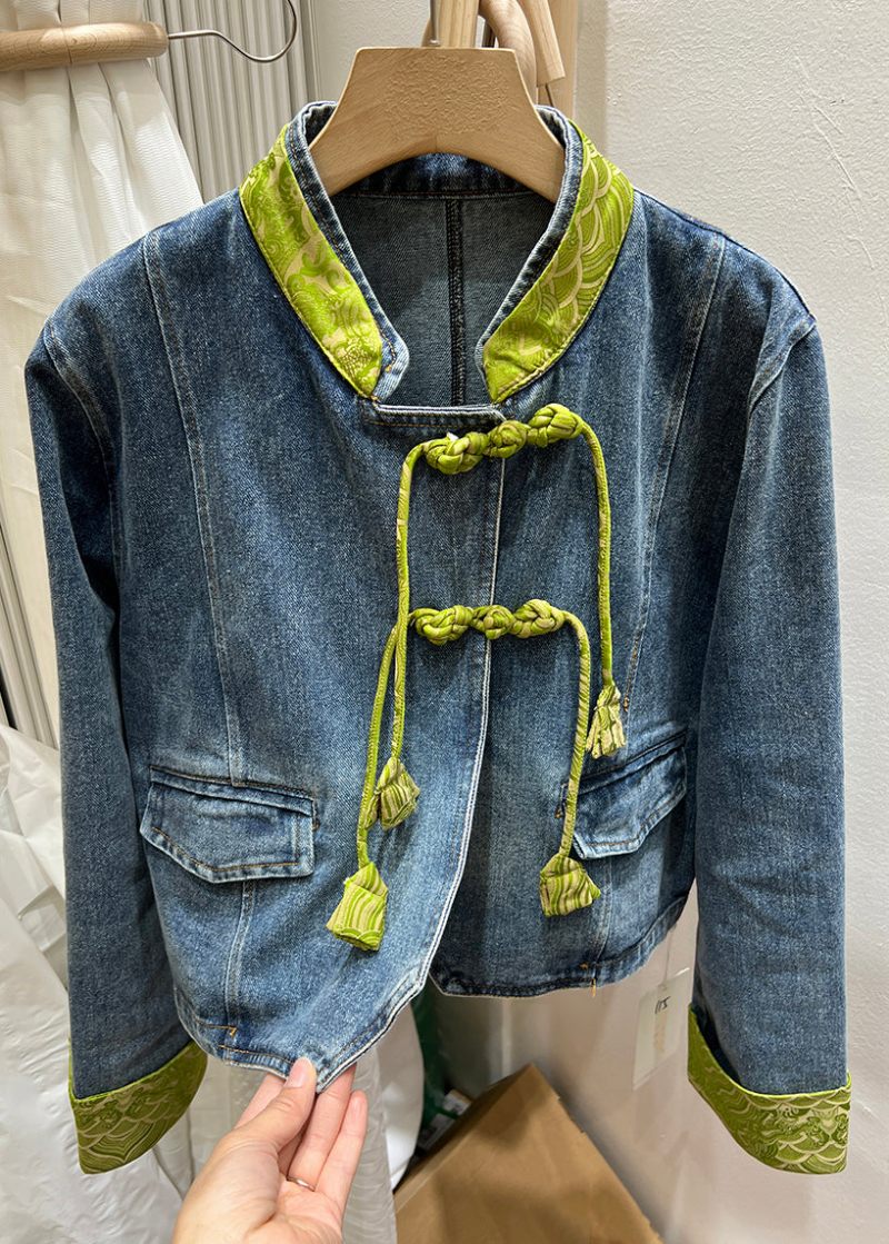 Kvinnor Grön Stativ Krage Kinesisk Knapp Denim Coat Spring - Vinterkappor för kvinnor