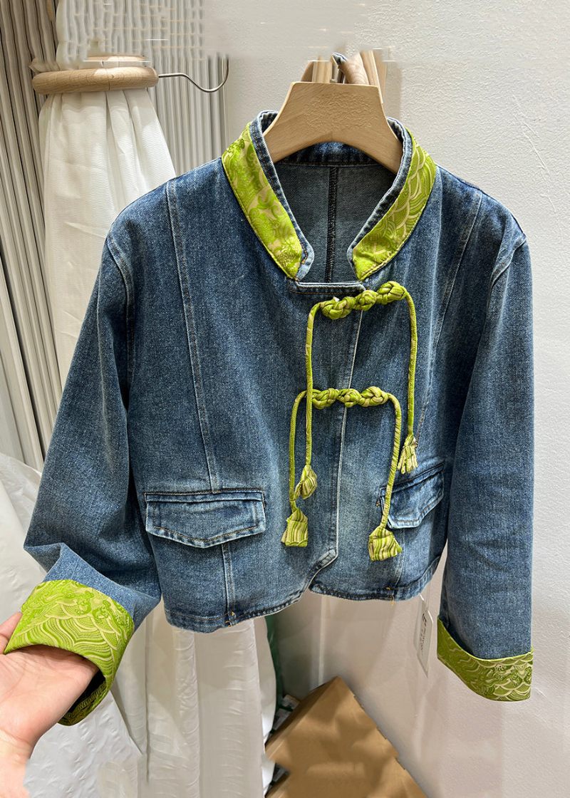 Kvinnor Grön Stativ Krage Kinesisk Knapp Denim Coat Spring - Vinterkappor för kvinnor