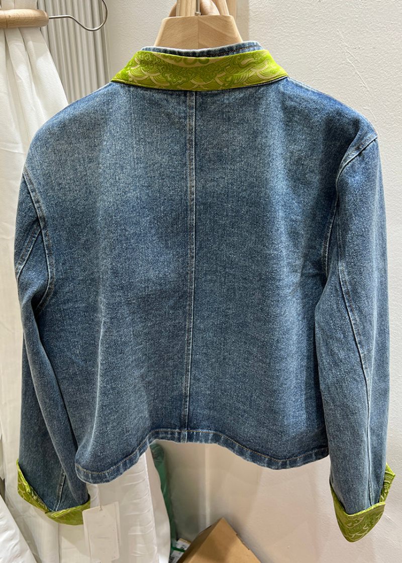 Kvinnor Grön Stativ Krage Kinesisk Knapp Denim Coat Spring - Vinterkappor för kvinnor